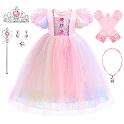 YOSICIL Mädchen Einhorn Prinzessin Kostüm mit Zubehöre Kinder Rosa Tutu Kleid mit Halskette Handschuhe Krone für Verkleidung Geburtstagsfeier Halloween Einhorn Motto Cosplay Freizeit, 100 von YOSICIL