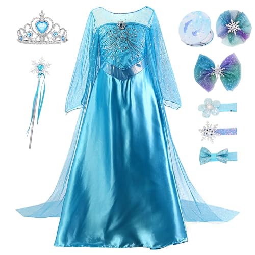 YOSICIL Mädchen Elsa Kleid Gefroren Prinzessin Mädchen Kostüm mit 4 Set Krone Handschuhe für Halloween Kindergarten Geburtstagsfeiern Verkleidung Fasching Weihnachten Geschenk, Blau02, 110 von YOSICIL