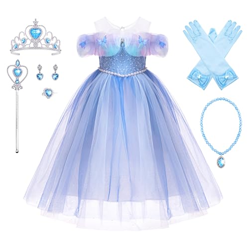 YOSICIL Mädchen Elsa Prinzessin Kleid Kinder Blaues Kostüm mit Halskette Krone Schneeflocken für Verkleidung Geschenk Halloween Karneval Partys Cosplay, Blau, 110 von YOSICIL