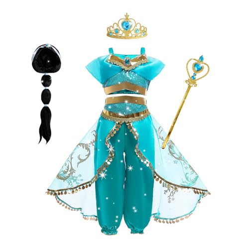 YOSICIL Mädchen Jasmin Prinzessin Kostüm mit Perücke Aladdin für Mädchen Aladdin Tanzen Oberteile und Hosen Cosplay Karneval Halloween Geburtstag Verkleidung,150 YOSICIL Mädchen Jasmin Prinzessin Kostüm mit Perücke Aladdin für Mädchen Aladdin Tanzen Oberteile und Hosen Cosplay Karneval Halloween Geburtstag Verkleidung,150 von YOSICIL