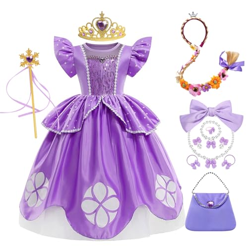 YOSICIL Mädchen Kleid mit Puffärmel Kinder Prinzessin Kostüm mit Zubehöre Krone Zauberstab für Geschenk Geburtstagsfeiern Halloween Weihnachten Cosplay Verkleidung Party, Lila, 140 von YOSICIL