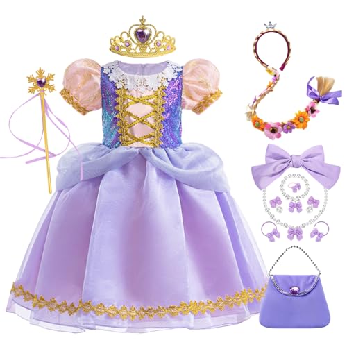 YOSICIL Mädchen Kleid mit Puffärmel Kinder Rapunzel Prinzessin Kostüm mit Zubehör Perücke Zauberstab für Verkleidung Geschenk Geburtstag Karneval Cosplay Fasching Halloween, Lila, 100 von YOSICIL