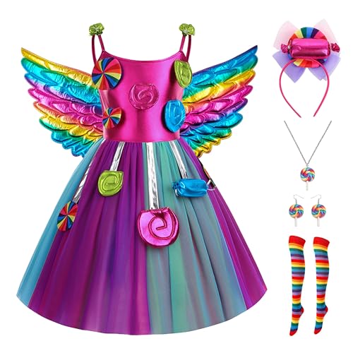 YOSICIL Mädchen Kostüm mit Lollipop Druck Kinder mehrfarbiges Kleid flügel Socken Haarband Halskette für Karneval Halloween Kindergarten Geschenk Cosplay Verkleidung, mehrfarbig, 100 von YOSICIL