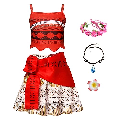 YOSICIL Mädchen Moana Kostüm Kinder Prinzessinenkleid Vaiana Kleid mit Kranz Halskette Blumen für Kindergarten Weihnachten Cosplay Verkleidung Geschenk Halloween Karneval Partys, Rot, 140 von YOSICIL