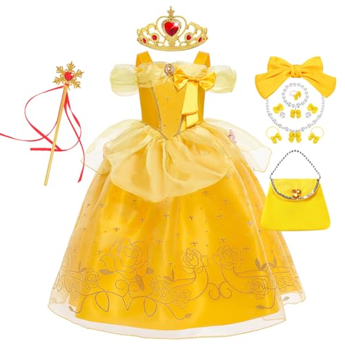 YOSICIL Mädchen Prinzessin Belle Kostüm Kinder Tüllkleid Tutukleid mit Zauberstab Krone Zubehöre für Geschenk Geburtstagsfeiern Verkleidung Party Karneval Fasching Cosplay, Gelb, 110 von YOSICIL