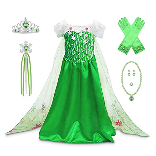 YOSICIL Mädchen Prinzessin ELSA Kostüm Mädchen Eiskönigin Kostüm 2 ELSA Kleid Cosplay Party Kleid Weihnachten Verkleidung Set Halloween Fest Karneval Fasching Partei Grün Kleid,Grün Größe 120 von YOSICIL