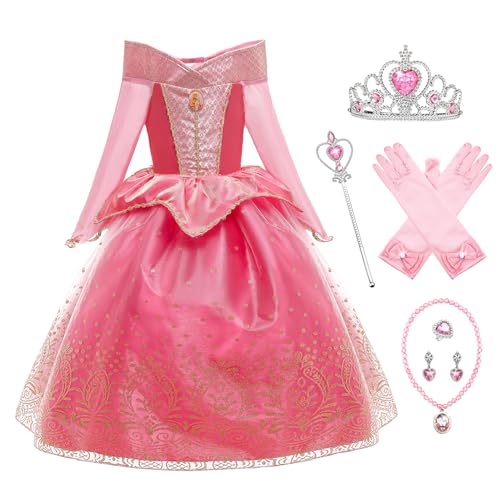 YOSICIL Mädchen Prinzessin Kostüm mit Zubehöre Kinder Kleid 6-teiliges Set mit Krone Handschuhe Zauberstab für Kindertag Weihnachten Geburtstagsfeiern Geschenk Halloween Karneval, Rosa A, 130 von YOSICIL