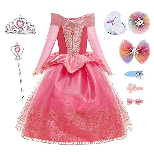 YOSICIL Mädchen Prinzessin Kostüm mit Zubehöre Kinder Kleid 6-teiliges Set mit Krone Handschuhe Zauberstab für Kindertag Weihnachten Geburtstagsfeiern Geschenk Halloween Karneval, Rosa A, 140 von YOSICIL