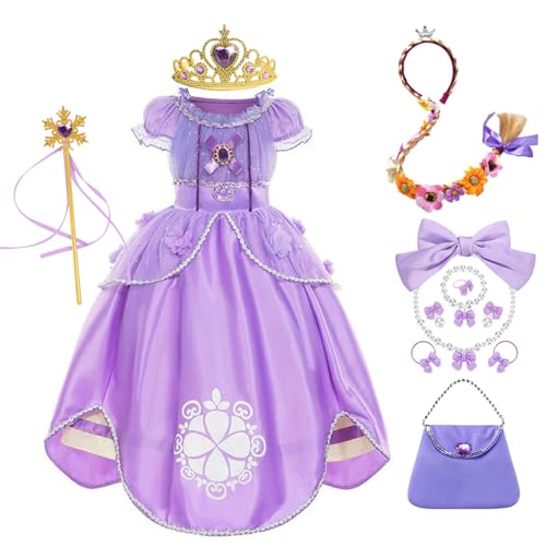 YOSICIL Mädchen Prinzessin Rapunzel Kostüm mit Puffärmel Kinder Maxikleid Zubehöre Krone Zopf Verkleidung Cosplay Geschenk Geburtstagsfeiern Halloween Partykleidung Blumenmädchen, Lila, 100 von YOSICIL