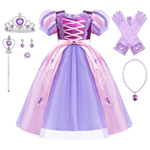 YOSICIL Mädchen Puffärmel Kleid Kinder Rapunzel Kostüm mit Halskette Baby Fany Dress up Tüll Maxikleid für Verkleidung Halloween Cosplay Fasching Karneval Party Geburtstag Ankleiden, lila, 150 YOSICIL Mädchen Puffärmel Kleid Kinder Rapunzel Kostüm mit Halskette Baby Fany Dress up Tüll Maxikleid für Verkleidung Halloween Cosplay Fasching Karneval Party Geburtstag Ankleiden, lila, 150 von YOSICIL