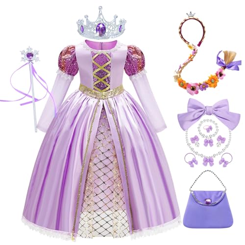 YOSICIL Mädchen Rapunzel Kostüm Prinzessin Kleider mit Krone Ring Zauberstab Kinder Maxikleid Partykleidung für Verkleidung Fasching Kanrval Geburtstag Geschenk COSPLAY Abend, Lila, 100 von YOSICIL