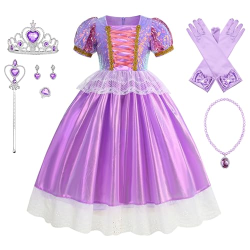 YOSICIL Mädchen Rapunzel Kostüm mit Zubehöre Kinder Prinzessinnenkleid fancy Dress up set exquisite Match Sets für Verkleidung Cosplay Karneval Fasching Geschenk Geburtstag Halloween,Lila,100 von YOSICIL
