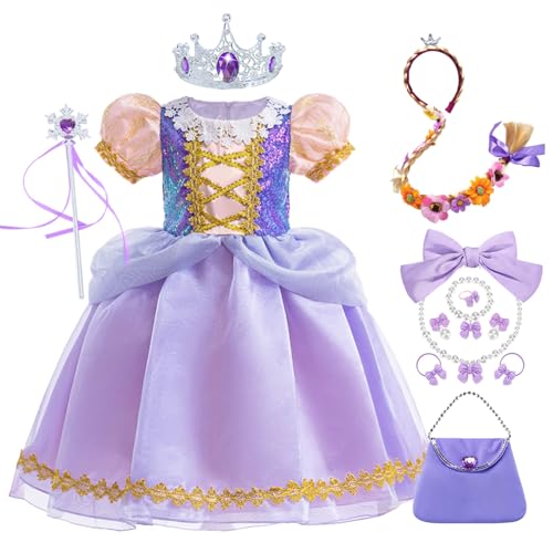 YOSICIL Mädchen Rapunzel Prinzessin Kostüm Puffärmel Kinder Tüllkleid mit Zubehör Perücke für Verkleidung Cosplay Karneval Halloween Weihnachten Geschenk Geburtstasparty, Lila, 120 von YOSICIL