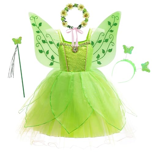 YOSICIL Mädchen Tiana Prinzessin Kleid Tinkelbell Kinder Tüllkleid Tutu Dress up Set mit Flügel Kranz für Verkleidung Karneval Cosplay Party Weihnachten Halloween, Grün, 110 YOSICIL Mädchen Tiana Prinzessin Kleid Tinkelbell Kinder Tüllkleid Tutu Dress up Set mit Flügel Kranz für Verkleidung Karneval Cosplay Party Weihnachten Halloween, Grün, 110 von YOSICIL