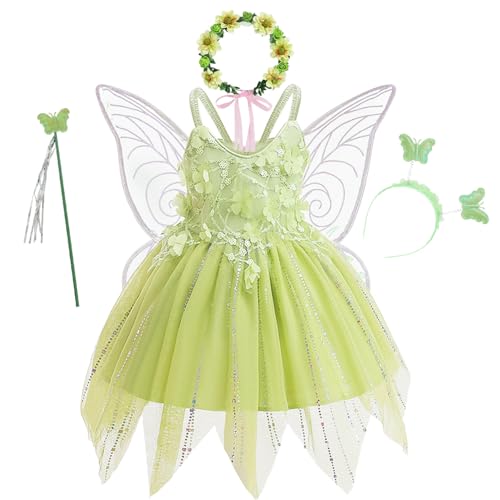 YOSICIL Mädchen Tinkerbell Kostüm mit Flügel Kinder Grüne Fee Kleid mit Blumenkranz für Geschenk Geburtstag Verkleidung Halloween Cosplay Blumenmädchen Rollenspielen Party, Grün, 120 YOSICIL Mädchen Tinkerbell Kostüm mit Flügel Kinder Grüne Fee Kleid mit Blumenkranz für Geschenk Geburtstag Verkleidung Halloween Cosplay Blumenmädchen Rollenspielen Party, Grün, 120 von YOSICIL