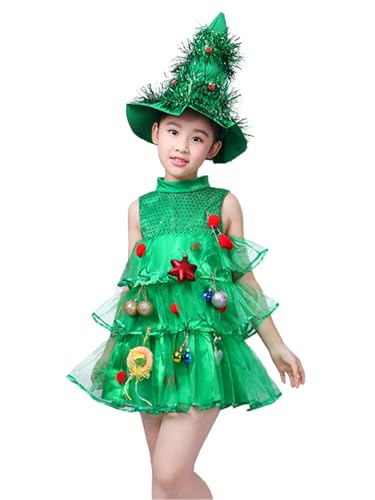 YOSICIL Mädchen Weihnachtsbaumrock Kinder Grün Tüll Kostüm mit Hut Anhänger Prinzessinnenkleid für Geschenk Karneval Cosplay Verkleidung Alltag Rollenspiele Geburtstag, Grün, 160 von YOSICIL