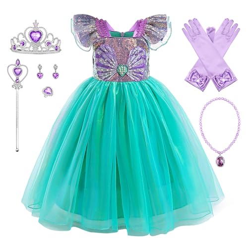 YOSICIL Meerjungfrau Mädchen Kostüm mit Halskette Krone Kinder Prinzessinnenkleid für Karneval Cosplay Geschenk Verkleidung Alltag Geburtstagsfeiern Partys, Blau, 100 von YOSICIL