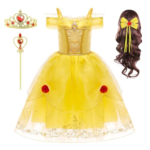 YOSICIL Prinzessin Kostüm Mädchen Belle Kinder Kleid mit Perücke Tutu Kleid Diadem Dress up für Verkleidung Halloween Karneval Cosplay Geschenk Weihnachten Partys, Gelb, 120 von YOSICIL