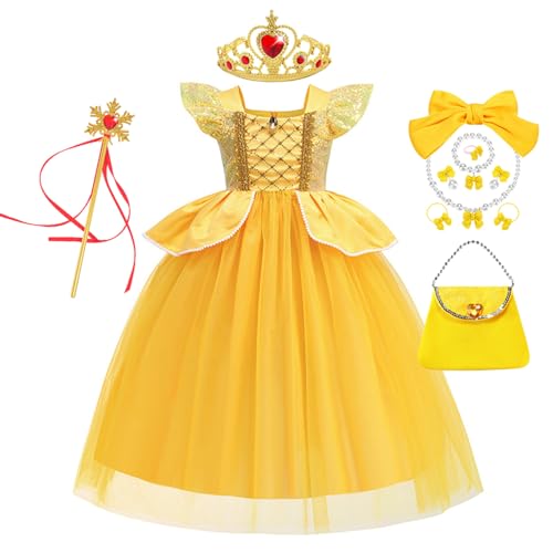 YOSICIL Prinzessin Kostüm Mädchen Kinder 7 Set Belle Kleid Tutukleid Zubehöre Diadem Baby Tüllkleid Verkleidung Cosplay Weihnachten Geschenk Geburtstag Karneval Blumenmädchen Party, Gelb, 100 von YOSICIL