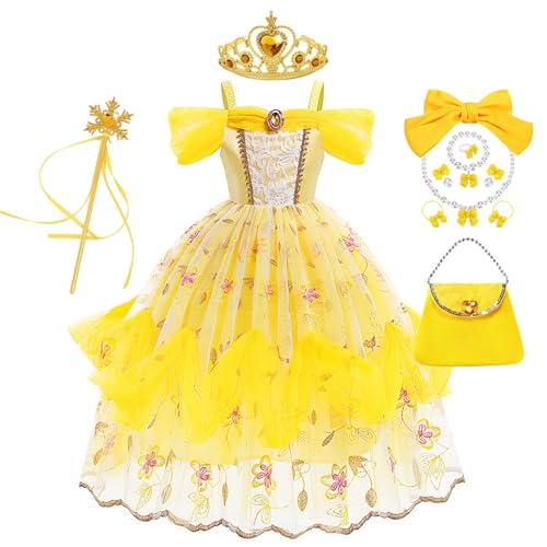 YOSICIL Prinzessin Kostüm für Mädchen Belle Kinder Partykleid Tutu kleid Tüllkleid mit Zubehör Zauberstab Diadem für Geschenk Geburtstag Karneval Halskette Ring Verkleidung Cosplay, Gelb, 100 von YOSICIL