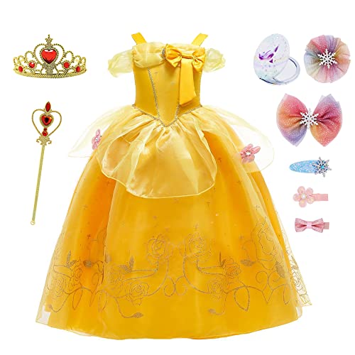 YOSICIL Prinzessin Kostüm für Mädchen Kinderkleider Tutu Kleid mit Zubehöre Halskette Zauberstab Belle Kleidung für Geburtstagsparty Geschenk Halloween Weihnachten Verkleidung Fancy Kleid, Gelb A, 130 YOSICIL Prinzessin Kostüm für Mädchen Kinderkleider Tutu Kleid mit Zubehöre Halskette Zauberstab Belle Kleidung für Geburtstagsparty Geschenk Halloween Weihnachten Verkleidung Fancy Kleid, Gelb A, 130 von YOSICIL