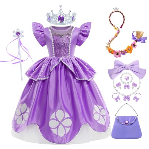 YOSICIL Rapunzel Mädchen Kostüm Kinder Prinzessin Kleid mit Krone Zauberstab Perücke Partykleidung für Verkleidung Geburtstag Geschenk Weihnachten Halloween Karneval Blumenmädchen, Lila, 110 von YOSICIL