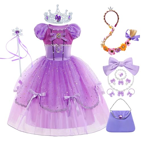 YOSICIL Rapunzel Prinzessin Mädchen Kostüm Kinder Lang Kleid Partykleidung Dress Up Set mit Zauberstab Krone Perück für Verkleidung Cosplay Geschenk Geburtstag Karneval, Lila, 120 von YOSICIL