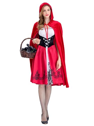 YOSICIL Rotkäppchen Kostüm für Damen Frauen Cosplay Kleid mit Umhang Erwachsene Outfits für Geschenk Halloween Karneval Verkleidung Mottoparty Weihnachten Fasching ohne Korb, Rot, M von YOSICIL