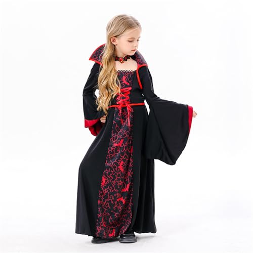YOSICIL Vampirprinzessin-Kostüm für Mädchen Kinder Böse Hexe Kleider Mittelalter Gothic Vintage Outfits mit Kollier für Geschenk Halloween Cosplay Verkleidung Rollenspiele Fasching, Schwarz, M von YOSICIL