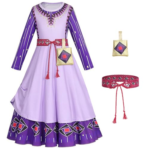 YOSICIL Wish Asha Prizessin Kleid mit Gürtel Tasche Mädchen Kostüm Dress Up lila Outfits für Cosplay Verkleidung Geburtstagsfeiern Geschenk Kindergarten Karneval Weihnachten Halloween, 100 von YOSICIL