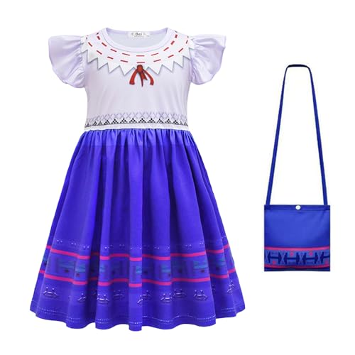 YOSICIL encanto Luisa Prinzessinenkleid Mädchen kurzarmes Kostüm für Weihnachten Cosplay Halloween Karneval Outfits mit Tasche/Umhang, Blau B, 120 von YOSICIL