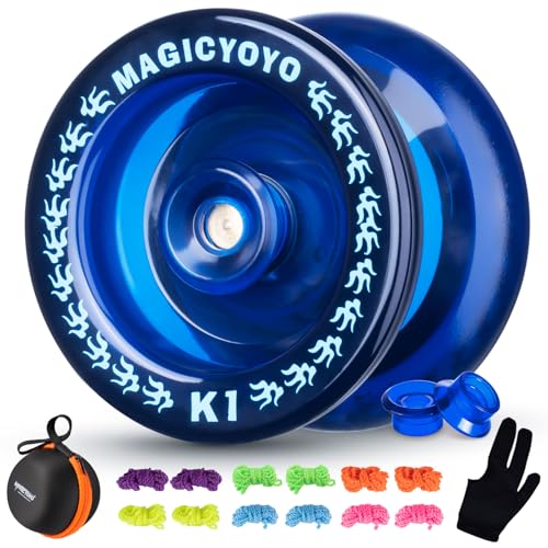 YOSTAR Reaktionsschnelles JoJo K1 Dunkelblau, Professionelles JoJo für Kinder, Plastik Responsive Jo Jo für Einsteiger, Profi Spielzeug mit 12 Saiten, Fall, Handschuh, 2 Hubstacks von YOSTAR