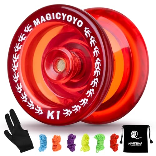 YOSTAR Red Yoyo K1 Plus Responsive YoYo für Kinder Anfänger, professionelles Trickjojo für Kinder, Kunststoff-Yoyo mit 5 Yoyo Saiten, Yo-Yo Tasche, Jo-Jo Handschuh + 2 Yoyo Hubstacks (Crystal Red) von YOSTAR