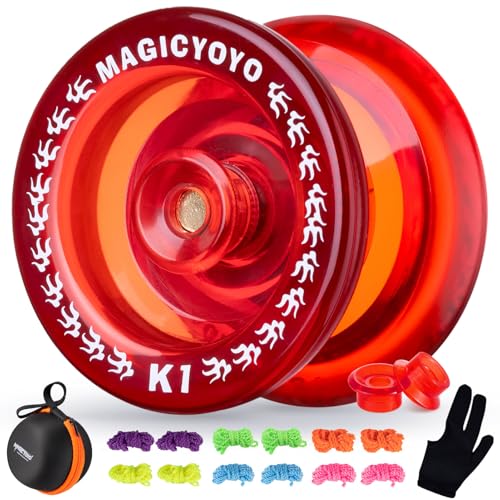 YOSTAR Red Yoyo K1 Plus Responsive YoYo für Kinder Anfänger, professionelles Trickjojo für Kinder, Kunststoff-Yoyo mit 5 Yoyo Saiten, Yo-Yo Tasche, Jo-Jo Handschuh + 2 Yoyo Hubstacks (Crystal Red) von YOSTAR