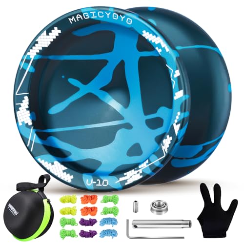 YOSTAR V10 Profi Jojo für Finger Spin, Trick Jojo mit Leerlauf und Kugellager, Responsive & Unresponsive Yoyo für Kinder & Erwachsene, Metall Yoyo mit 12 Schnur, Lager-Kit, Handschuh & Hardcase (Blau) von YOSTAR
