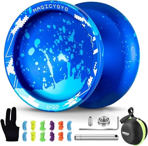 YOSTAR Yoyo Profi V10, Metall JoJo mit Leerlauf und Kugellager, Trick JoJo für Kinder und Anfänger, Doppelzweck Unresponsive Jo Jo für Erwachsene, mit 12 Saiten, Lagersatz, Gehäuse (Blau) von YOSTAR