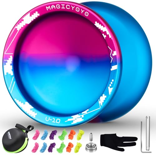 YOSTAR Yoyo Profi V10, Neospin JoJo mit Leerlauf und Kugellager, Trick JoJo für Kinder und Anfänger, Metall Unresponsive Jo Jo für Erwachsene, mit 12 Saiten, Lagersatz, Gehäuse (Blau Rosa) von YOSTAR