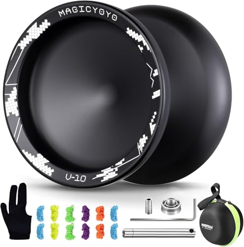 YOSTAR Yoyo Profi V10, Responsive JoJo mit Leerlauf und Kugellager, Metall JoJo für Kinder und Anfänger, Trick Unresponsive Jo Jo für Erwachsene, mit 12 Saiten, Lagersatz, Gehäuse (Schwarz) von YOSTAR