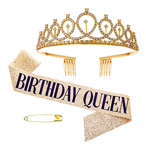Geburtstagskrone Schärpe,Gold Geburtstag Kristall Tiara Krone Schärpe mit Birthday Queen,Frauen Party Accessoires für Birthday Crown Prinzessin Haar-Zusätze von YOUDALIS