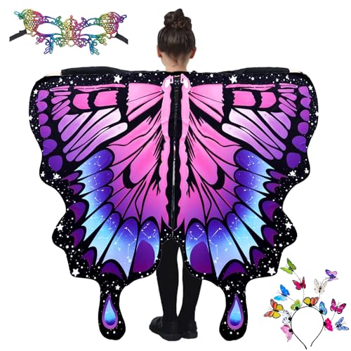 YOUNGSAY Schmetterling Umhang + Schmetterlingsmaske + Schmetterling Haarreif, 135 x 110cm Doppelseitig Schmetterling Kostüm Kinder, Karneval Kostüm Schmetterling für Themenpartys und Cosplay von YOUNGSAY