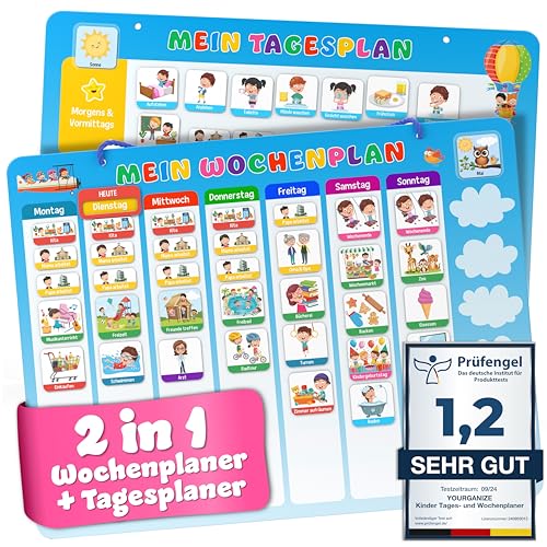 YOURGANIZE® 2-in-1 Wochenplaner Kinder & Tagesplaner Kinder inkl. 196 Magnete + 160 Sticker zum Personalisieren - Routine Planer Kinder von YOURGANIZE