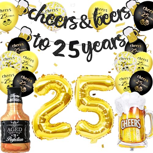 25 Jahre Mann Geburtstag Deko, 25. Geburtstag Frau Mann ballons, Gold Schwarze 25.Geburtstag Luftballons, Bier Becher Folie Ballons, 25 Happy Birthday Banner Schwarz Gold, für Geburtstag Party Deko von YOUWOSHE