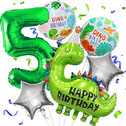 YOUWOSHE Luftballons Geburtstag, Dinosaurier Folienballons, Geburtstagsdeko 5 Jahr Jungen, Folienballon Zahlenballon 5, Luftballons Grün für Dinosaurier Party Dekoration Dschungel Party Kinder von YOUWOSHE