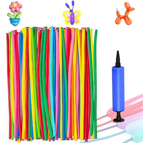 100 Stück Modellier Luftballons für Tiere mit Luftpumpe, Lange Bunte Ballons, Long Magic Balloons Gemischte Farbe Modellierballons für Geburtstage,Clowns Veranstaltungen, Partys, Hochzeiten, Jubiläen von YOUYIKE