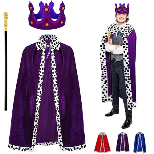 YOUYIKE 3 Stück König Kostüm für Erwachsene, Lila Erwachsene König Königin Kostüm mit 130cm Königsmantel, Krone König Königin,Zepter, für Cosplay, Mottoparty, Halloween, Karneval von YOUYIKE