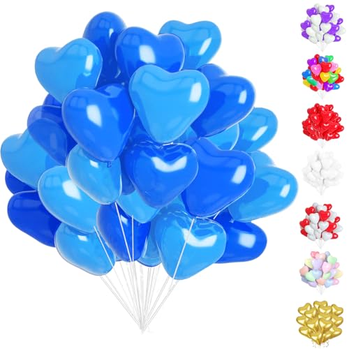 50 Stück Herzluftballons Blau, 12 Zoll Herzluftballons, Helium Herzluftballons, Latex Ballons mit Herzform für Geburtstags Valentinstag Hochzeitsdeko Brautdusche Verlobung Party von YOUYIKE