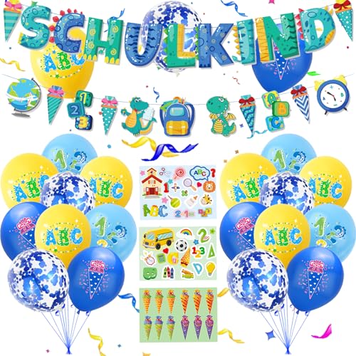 Einschulung Deko, Schulanfang Training Deko, 28 Stuck Deko Einschulung Junge Mädchen, 22 Luftballons Einschulung Junge, 1 SCHULKIND Banner, Zuckertüten Girlande, 3 Aufkleber, 2 Bänder von YOUYIKE