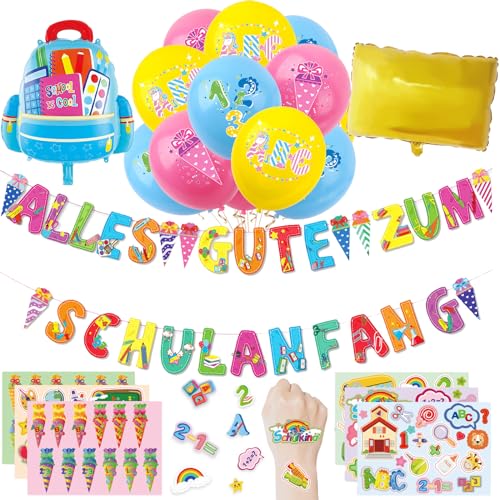 Einschulung Schuleinführung Schulanfang Deko Set, Alles Gute zum Schulanfang Girlande, 18 Luftballon Folienballon Zuckertüte Schulkind Einschulung für Jungen Mädchen von YOUYIKE