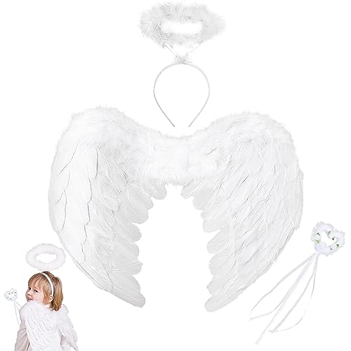 3 Stück Federflügel Engel Set, 45X35 cm Weiß Engelsflügel mit Heiligenschein und Zauberstab, Engel Flügel Kostüm für Kinder, Angel Wings für Amor Fasching Karneval Cosplay Party Halloween von YOUYIKE