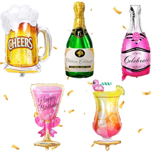 5 Stück Champagner Luftballons, XXL Bier Ballons, Folienballon Champagner, Riesen Wein Flaschen Heliumballon, Whisky Flasche Weinglas für Geburtstag Urlaub Hochzeit Bierthema Party Dekoration von YOUYIKE